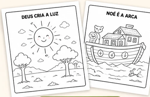Páginas internas do ebook para colorir: Deus cria a luz e Noé e a arca